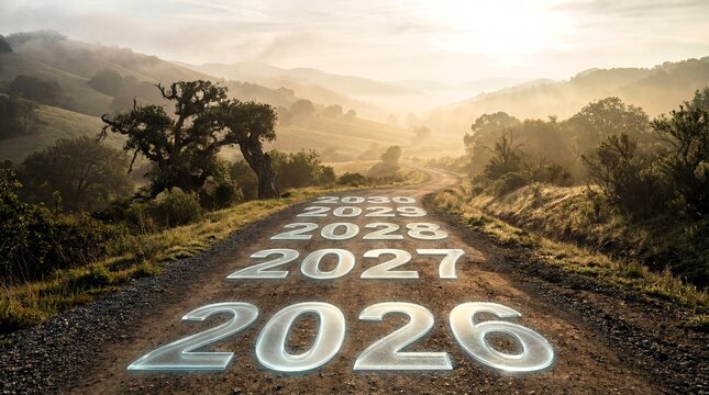 Conceptual road leading into the future with years 2026 to 2030 written on the ground in a scenic landscape