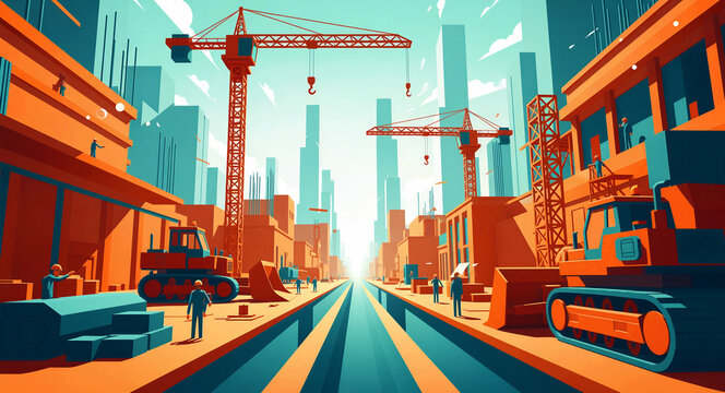 Large-scale urban construction site with cranes and heavy machinery building skyscrapers. Workers and excavators operate in a stylized city landscape. Infrastructure development concept for marketing.