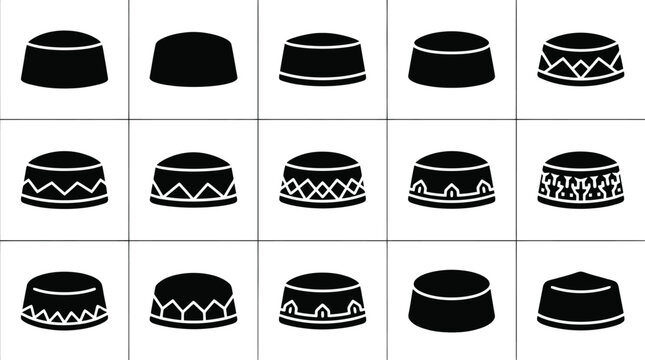 Fifteen Black Islamic Caps or Kufi Hats Silhouettes with Different Patterns on White Background taqiyah