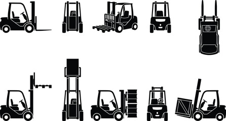 Forklift Truck Icons Silhouette vector variations © Kosain