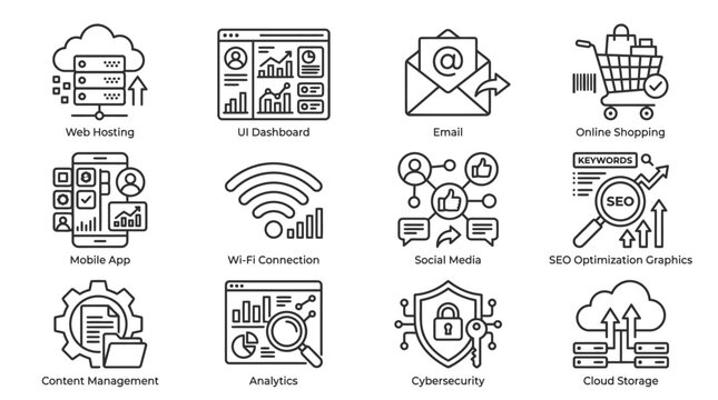 Detailed collection of web hosting and digital marketing line icons, encompassing content management, mobile apps, and SEO optimization on an isolated white background.
