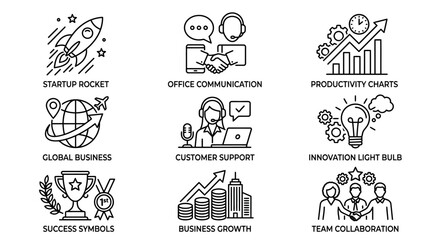Fototapeta premium Business Strategy, Innovation, and Growth Outline Icons Collection on Isolated White Background