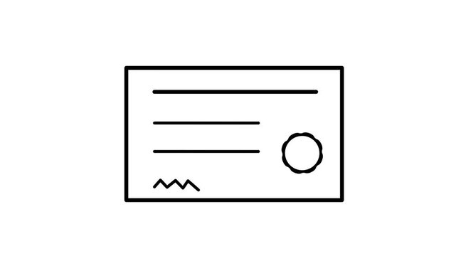 Animated certificate document with award seal and verification checkmark line graphic 