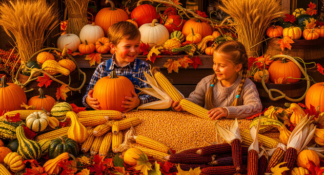 Two children sitting among a large harvest display of pumpkins and corn. A boy and girl smile while holding autumn produce. Fall harvest concept ideal for seasonal marketing and holiday campaigns.