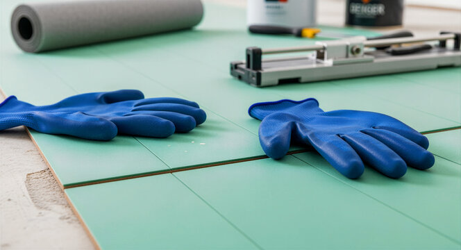 Blue work gloves lying on green floor tiles during a home renovation. Professional tiling tools and equipment are blurred in the background. Flooring installation concept for construction marketing.