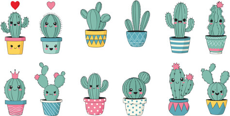 Cute cactus succulent vector set featuring hand drawn kawaii characters in decorative pots with hearts and crowns for nursery decor, stickers, and summer botanical illustrations © Bokul