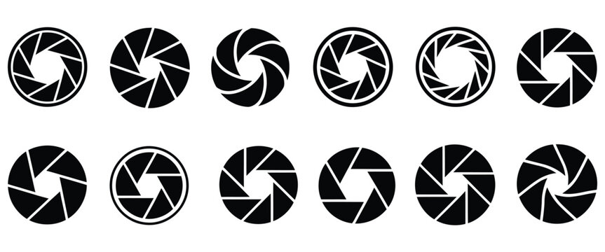 Set photo camera lens diaphragm vector icon, camera shutter and aperture symbols representing photography exposure control focus adjustment and professional imaging equipment