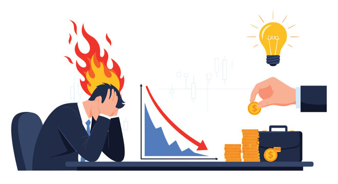 Stressed businessman in despair with his head on fire sitting at a desk next to a downward trending financial graph and empty wallet.