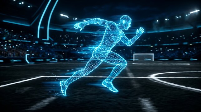 Digital wireframe human runner sprinting on a stadium field representing sports performance analytics and motion tracking technology