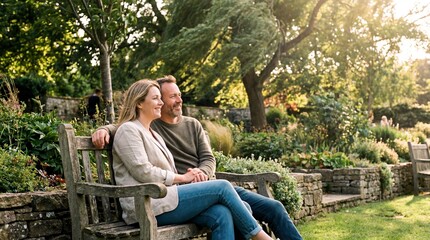 Fototapeta premium A happy couple sitting on a wooden bench in a beautiful garden during a sunny afternoon