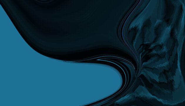 Midnight Flow Basin: Smooth cyan liquid curves flowing through deep black abstract textures with cinematic contrast.