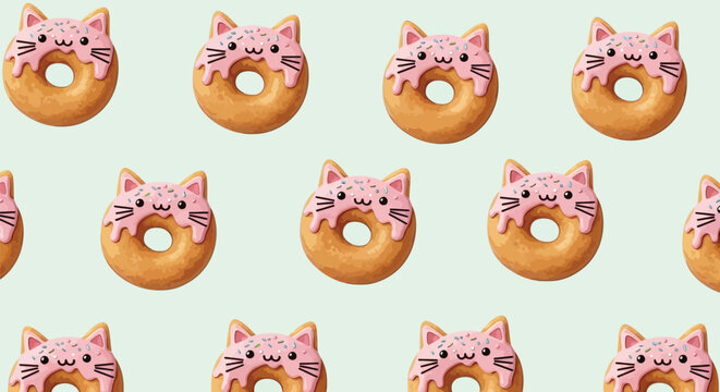Pink cat face donuts seamless pattern on light green background