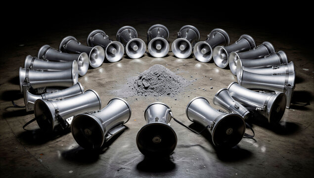 Circular arrangement of silver speakers emitting dust a symbol of sonic pollution and environmental impact