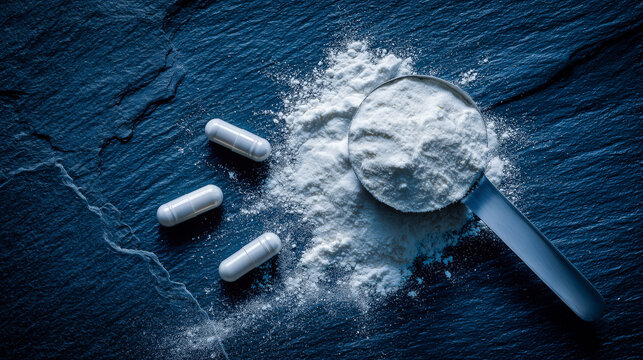 Overhead flat lay of white collagen powder with measuring scoop and capsules on dark slate background