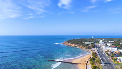 Naklejka premium Aerial View of Point Lonsdale Coastline with Blue Ocean and Beach