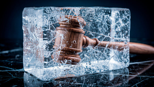 Justice system brought to a grinding halt by unforeseen barriers, symbolizing legal stagnation and a chilling impediment to due process, creating a difficult predicament for those seeking resolution