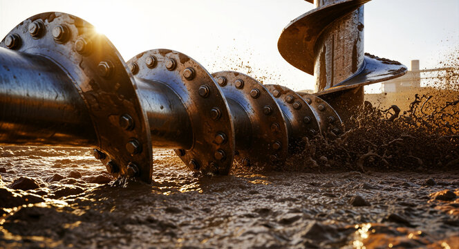 Heavy industrial auger drill bit rotating and splashing through wet mud at a construction site. Large steel screw mechanism during ground excavation. Civil engineering and infrastructure concept.