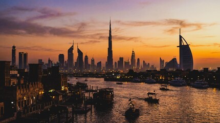 Naklejka premium Stunning sunset view of the dubai skyline featuring the burj khalifa and burj al arab over the dubai creek