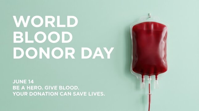 World Blood Donor Day concept with red IV bag, June 14 medical donation banner, healthcare awareness poster for life saving blood donation
