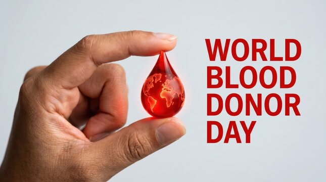 World Blood Donor Day concept, hand holding red glass blood drop with world map, medical donation awareness and healthcare support