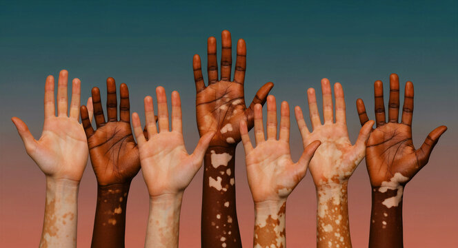 Diverse hands with vitiligo raised against a gradient background. Multiethnic people showing skin pigmentation variations. Empowerment concept for healthcare, body positivity, and diversity.