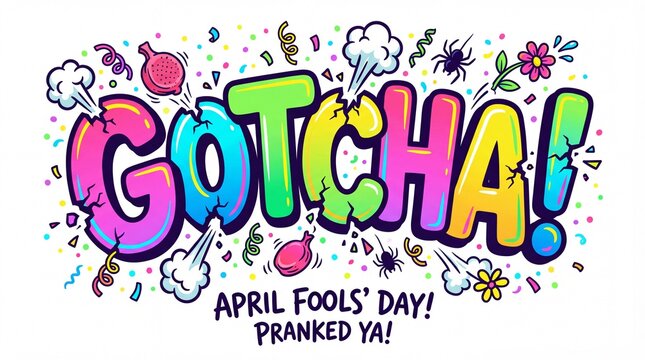 Gotcha april fools day text design with colorful comic style letters, confetti, spiders, and flowers isolated on white background