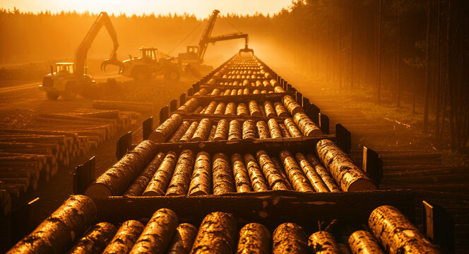 Freight train loaded with timber logs in a forest during a golden sunset. Heavy machinery loaders working in the background. Forestry industry concept for logging logistics and supply chain.