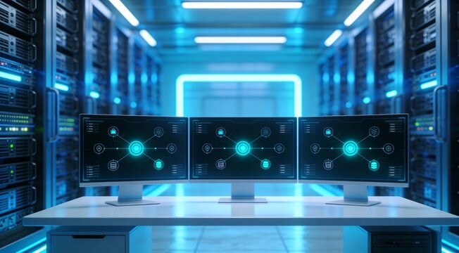 Network operations center workstation in a neon blue server room with triple topology displays for infrastructure monitoring, node health visibility and uptime control