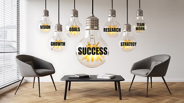 Modern office interior with hanging motivational light bulbs and success concept