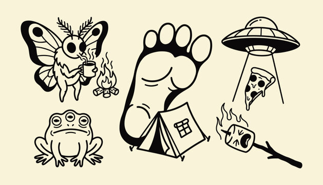 Cryptid camping adventure sticker set featuring mothman and ufo icons