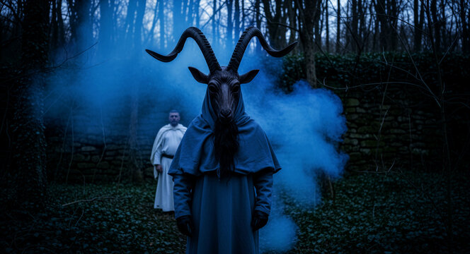 Person in hooded robe wearing large goat mask standing in dark forest with blue smoke. Mystical cult figure performing ritual surrounded by eerie mist. Occult horror and dark fantasy concept.