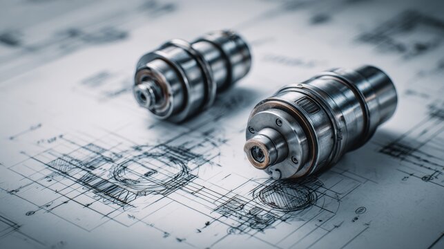 Details of mechanical parts on engineering drawings in a workshop during the morning hours of a workday