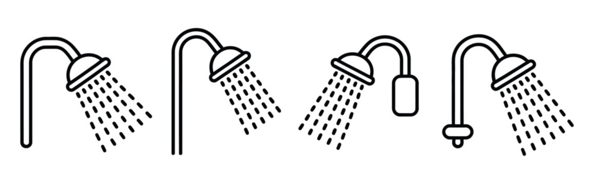 Shower head line icons with spray water effect on white background, clean outline style symbols for bathroom shower system plumbing fixtures personal hygiene and modern household utility