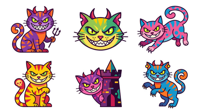 A collection of six playful and mischievous cartoon cats with devilish grins, rendered in vibrant, contrasting colors on a clean white background, perfect for Halloween or fantasy themes