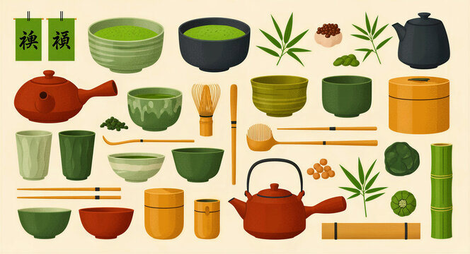 Traditional Japanese matcha tea ceremony tools and equipment set. Includes bamboo whisk, teapots, ceramic bowls, and sweets in textured vector style. Zen culture concept for wellness branding.