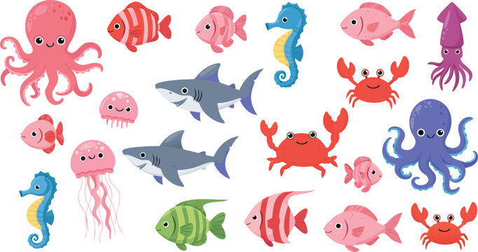 Cute cartoon marine animals collection featuring octopus shark fish jellyfish crab seahorse and squid, colorful ocean life vector illustration set for kids design