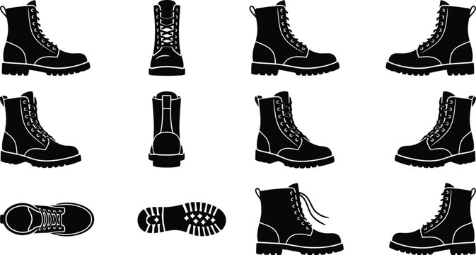 Set of black silhouette icons of combat boots and boot soles from various angles on white background