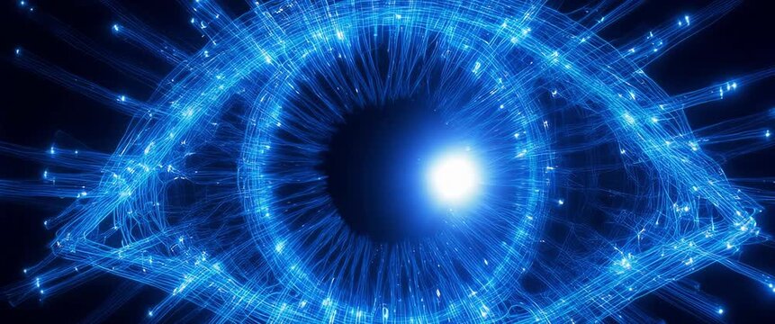 Abstract Digital Eye Formed by Glowing Blue Fiber Optic Cables