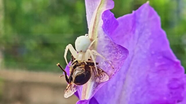 Macro shows crab spider holding captured bee on flower in wind