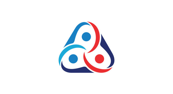Abstract logo design with three stylized human figures joined in triangular shape using red and blue colors for unity and professional partnership.