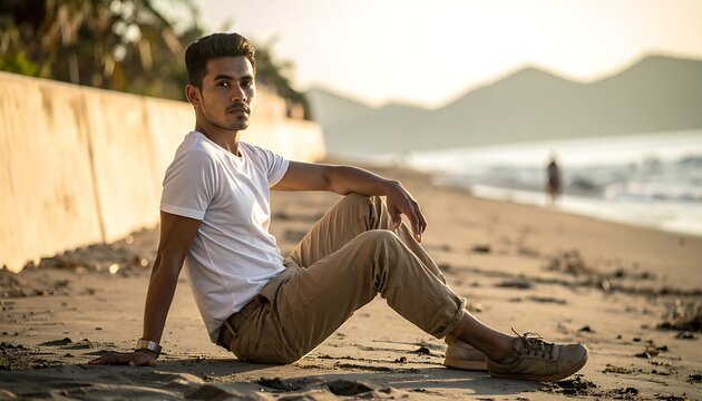 Young man sitting on beach with white shirt and khaki pants