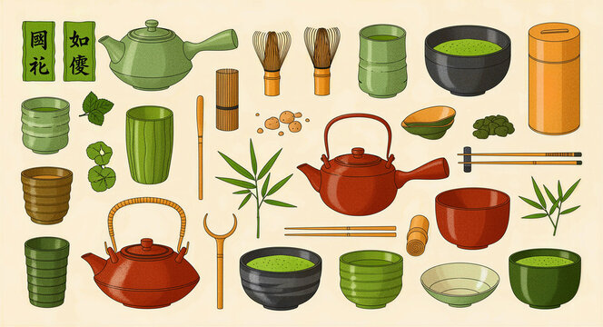 Japanese matcha tea ceremony equipment and accessories set. Illustration of teapots, bamboo whisks, ceramic bowls and green tea leaves. Zen culture concept for menu design and food branding.