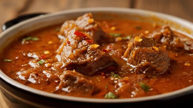 Close-up macro shot of tender slow-cooked beef or lamb stew (or curry) in a rich, spicy tomato-based gravy served in a rustic bowl, highlighting traditional hearty comfort food.
