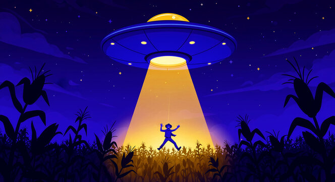 UFO abducting a man from a cornfield with a glowing tractor beam. Alien spacecraft hovering in the night sky over rural farmland. Science fiction mystery concept, ideal for paranormal themes.