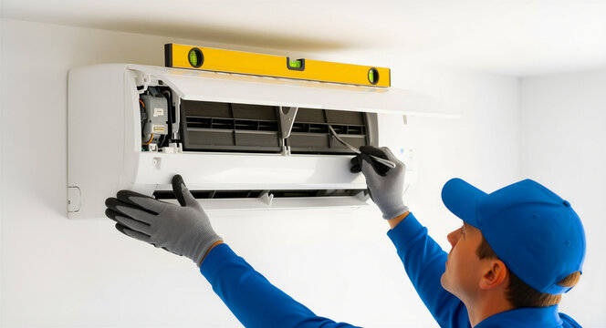 Technician installing air conditioner on white wall. Specialist using spirit level for precise HVAC system maintenance. Home cooling service concept, ideal for repair marketing and installation ads.