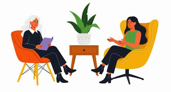 Therapist with clipboard consulting a young woman in a modern office. Two women having a conversation in colorful mid-century chairs. Mental health concept, ideal for wellness services marketing.