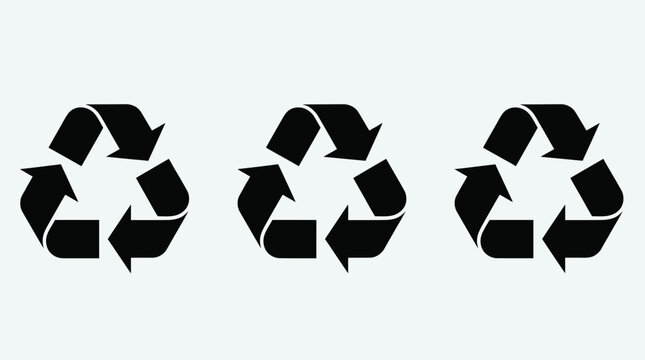 Triple recycling symbols, black arrows loop, sustainability concept, eco‑friendly design, environmental conservation, waste reduction, reuse materials, green awareness, modern illustration.