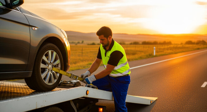 Roadside assistance worker securing a car to a flatbed tow truck at sunset. Professional mechanic using a strap to fix the vehicle wheel. Towing service and emergency breakdown concept.