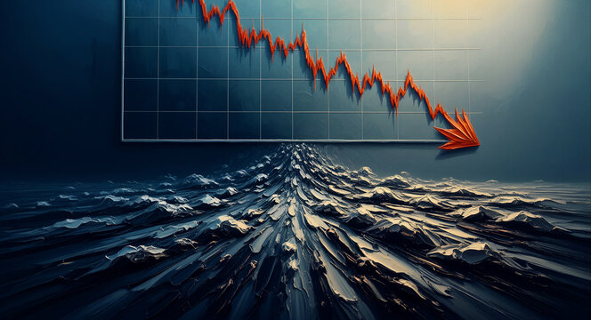 Red arrow pointing down on a financial line graph over a dark landscape. Abstract representation of a stock market crash and economic recession. Financial failure concept for business reports.