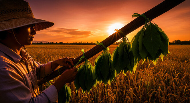 Asian farmer hanging leaves on a pole in a field at sunset. Traditional worker harvesting crops in rural golden hour. Sustainable farming concept for organic agriculture marketing.